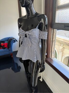 bebe Blue and White Striped Off-Shoulder Tie-Front Peplum Camisole